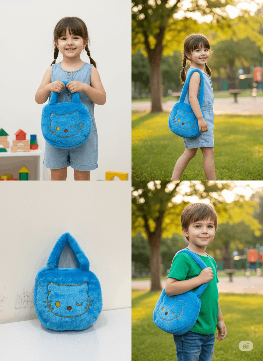 Cute Blue Kitty Plush Hand Bag for Kids | Soft Fur Cartoon Cat Carry Bag for Girls, Toddlers & Young Children