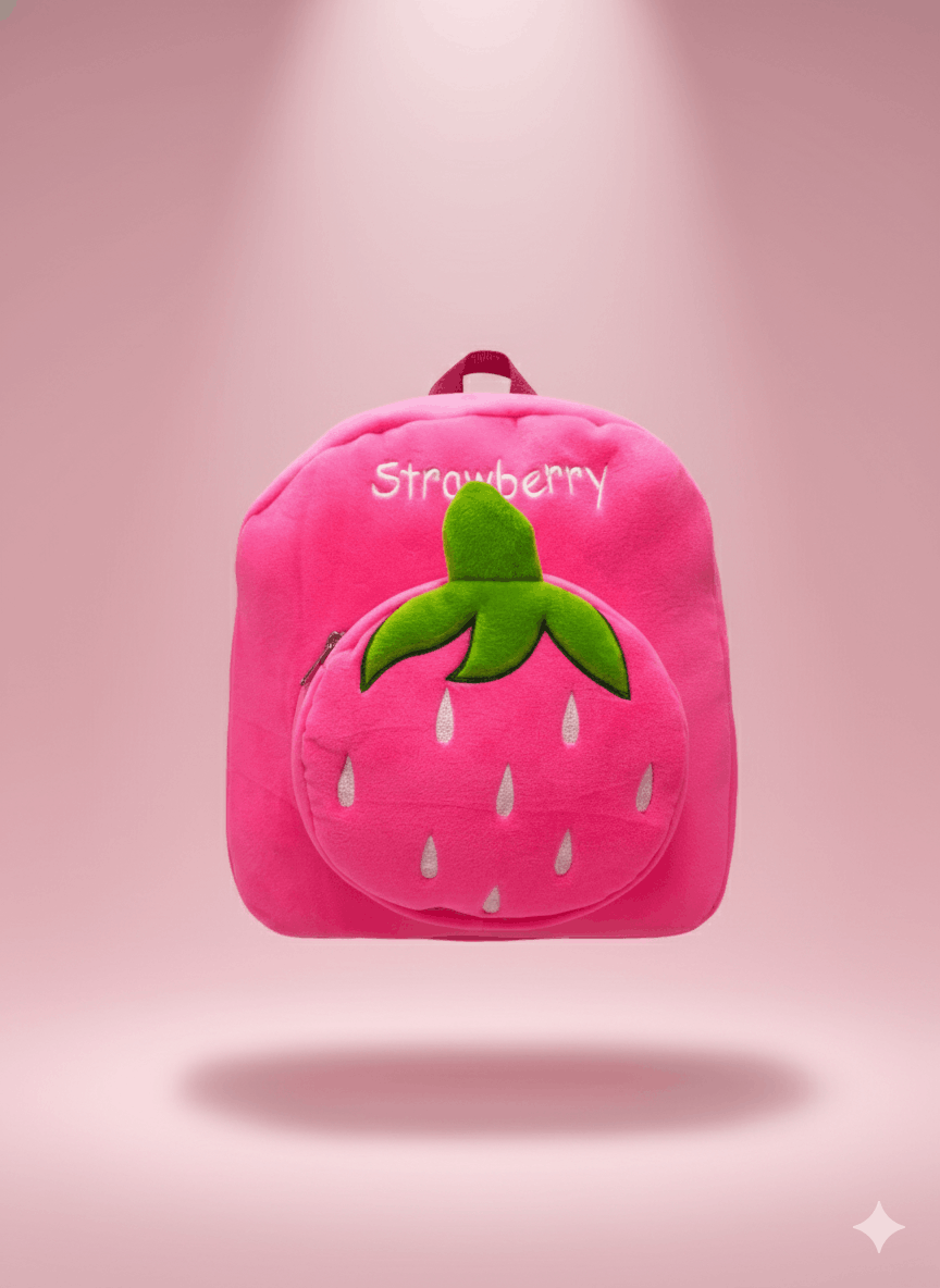 Pink Strawberry Plush Backpack for Kids | Soft Fruit School Bag for Toddlers & Preschoolers